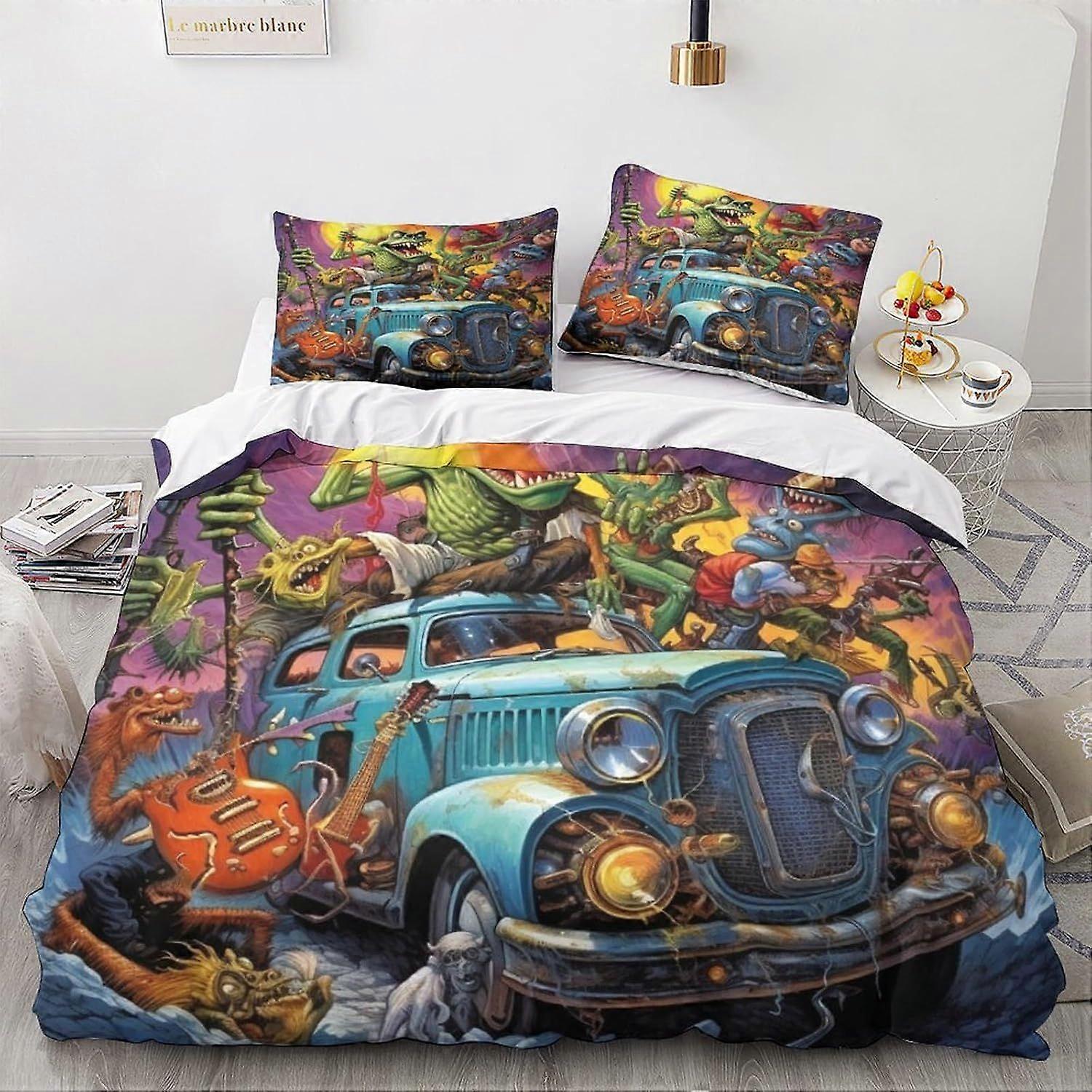 LikeEj 3D impresso monstros jogo de cama para adolescentes vintage carro padrão edredom capa com fronhas desenhos animados capa de microfibra com zíper closu