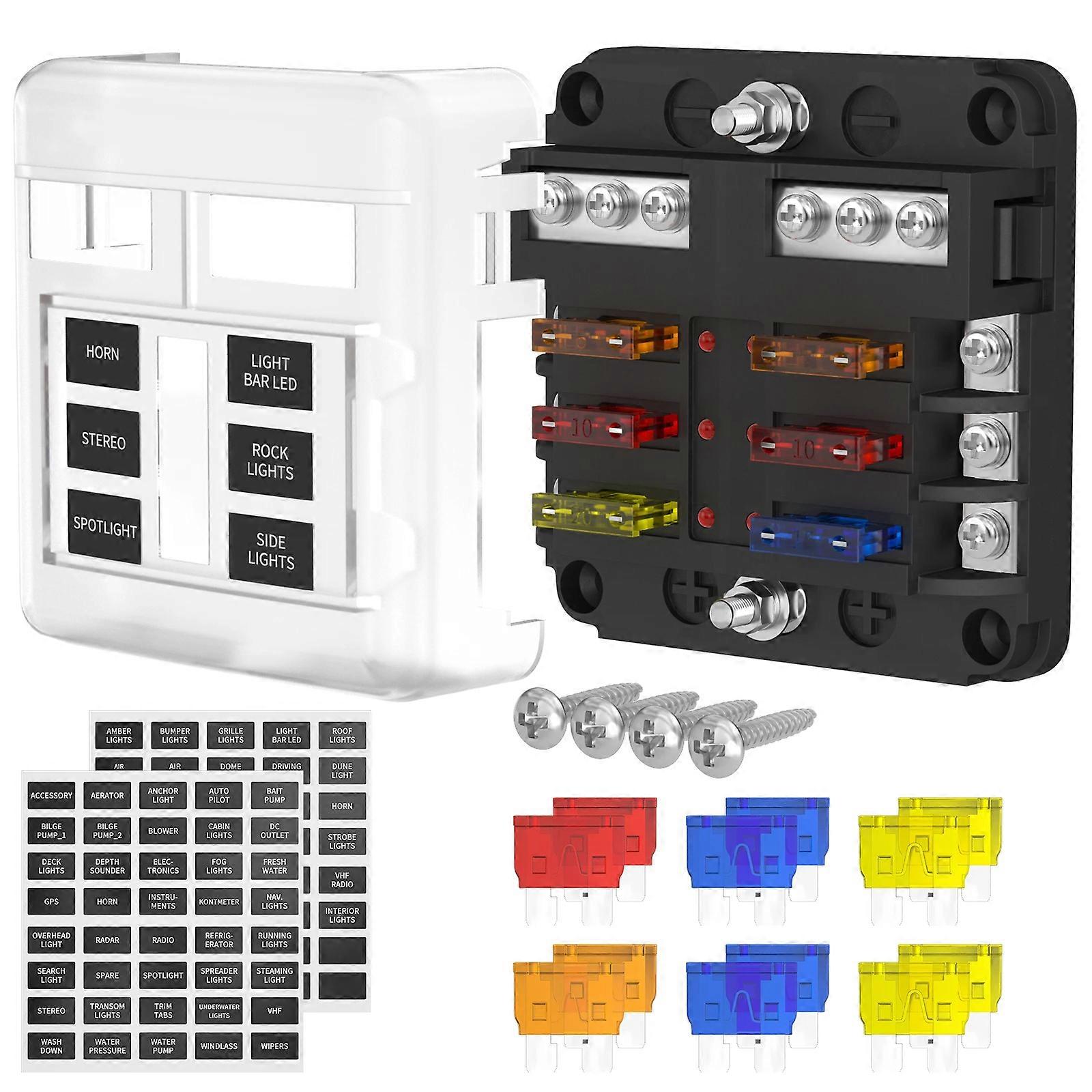 Fuses Block, 36V Fuses Box Holder with Waterproof Cover, Circuits Fuses Panel with Negative Bus for Car Boats Multicolor