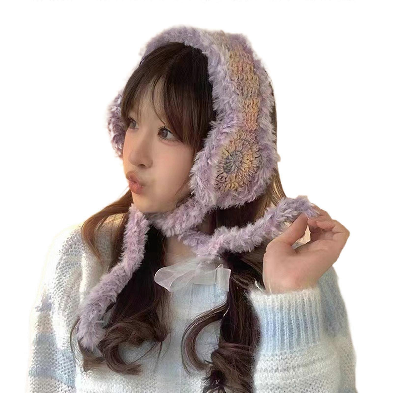 Harajuku Y2K Niña Mujeres Invierno Cálido Peluche Peluche Orejera Calentador de Orejas Colorido Tejido A Prueba de Viento Gorros con Correa Púrpura