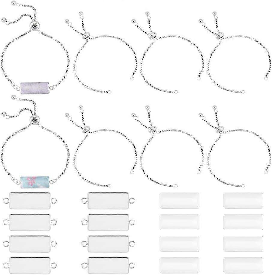 8 Sets Stainless Steel Cabochon Connector Settings DIY Blank Rectangle Dome Link Bracelet Making Kit Adjustable Slider Bracelet with Cabochons with Ba