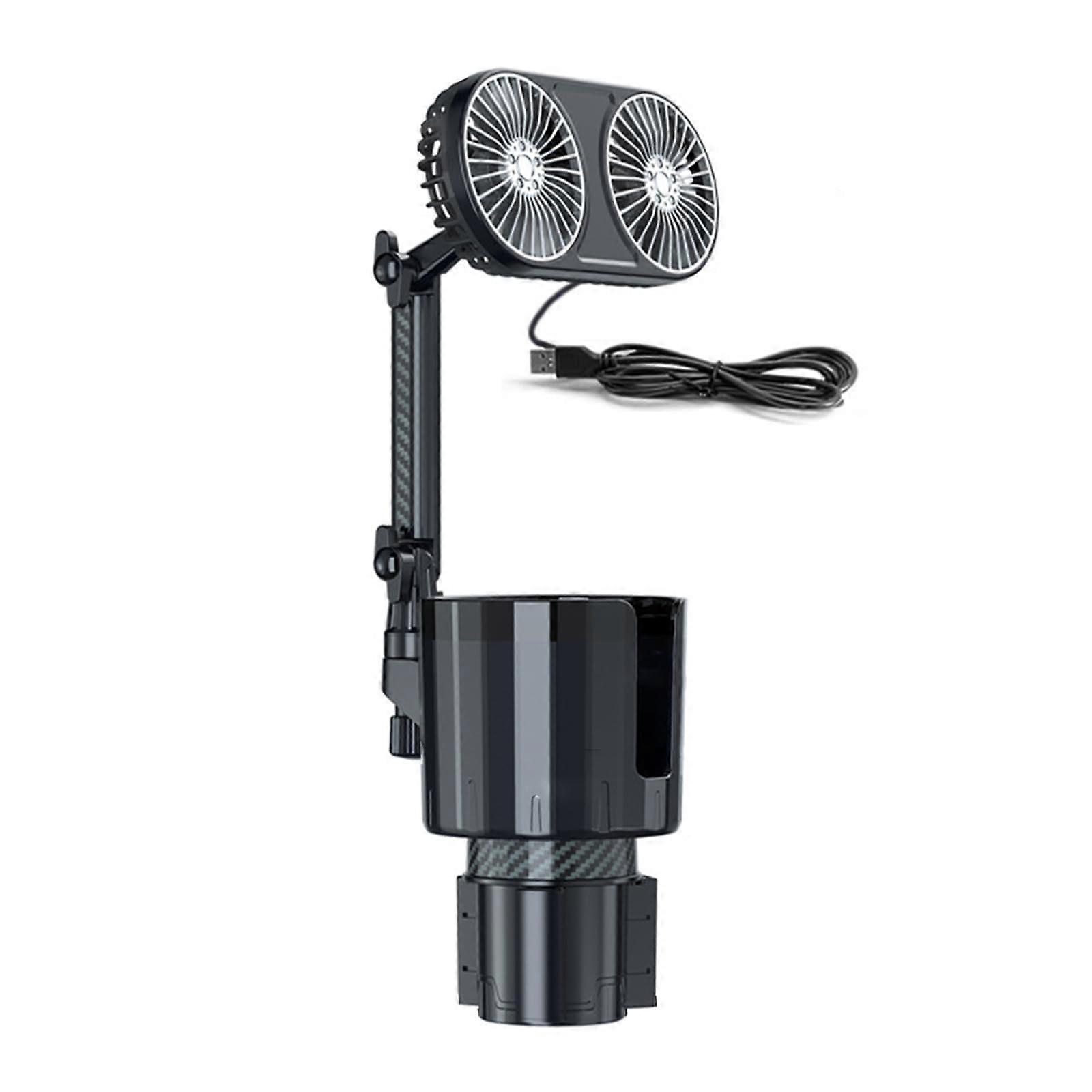 Car Cup Holder Fan 12V/24V Dual Head 360° Rotation with Adjustable Speed and LED Light