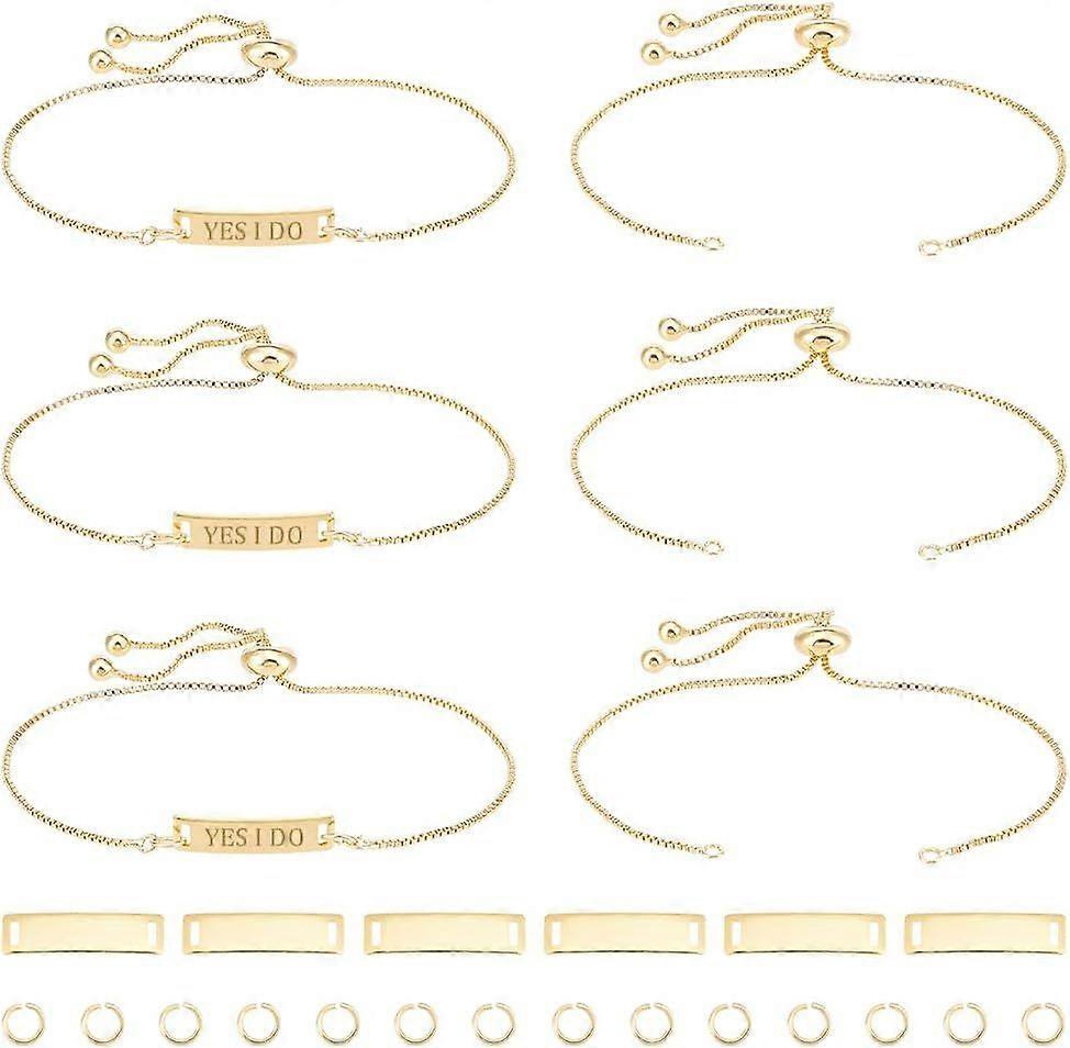 6 Sets Engravable Bracelets DIY Kit Slider Bracelet DIY Blank Rectangle Link Golden Engravable Blank Tags Links Connectors Charm with Chain Hole 3.5mm