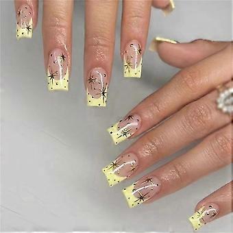 Yellow French Square Press On Nails with Glue for Women, Reusable Fake Nail Tips 24pcs
