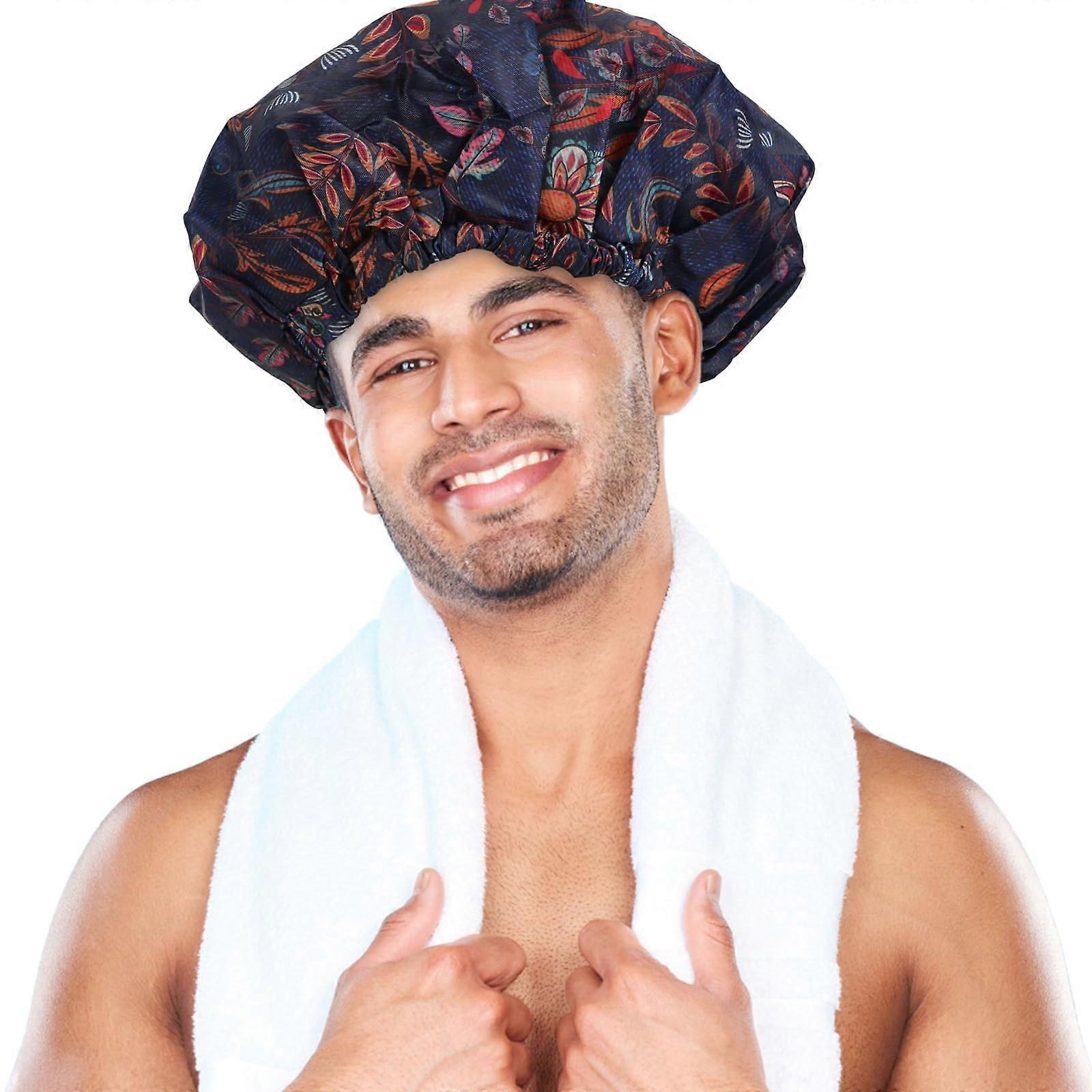 Large Waterproof Shower Cap for Men, Adjustable Double Layer for Dreadlocks Braids Curly Hair Red Leaf