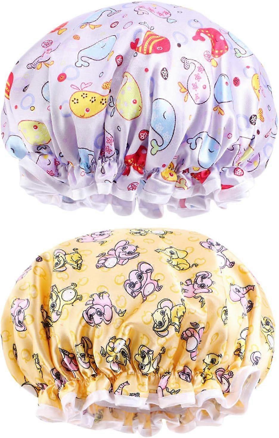 Shower Cap, 2 Pieces Double Layer Waterproof Shower Cap, Reusable Bath Caps with Elastic Bands