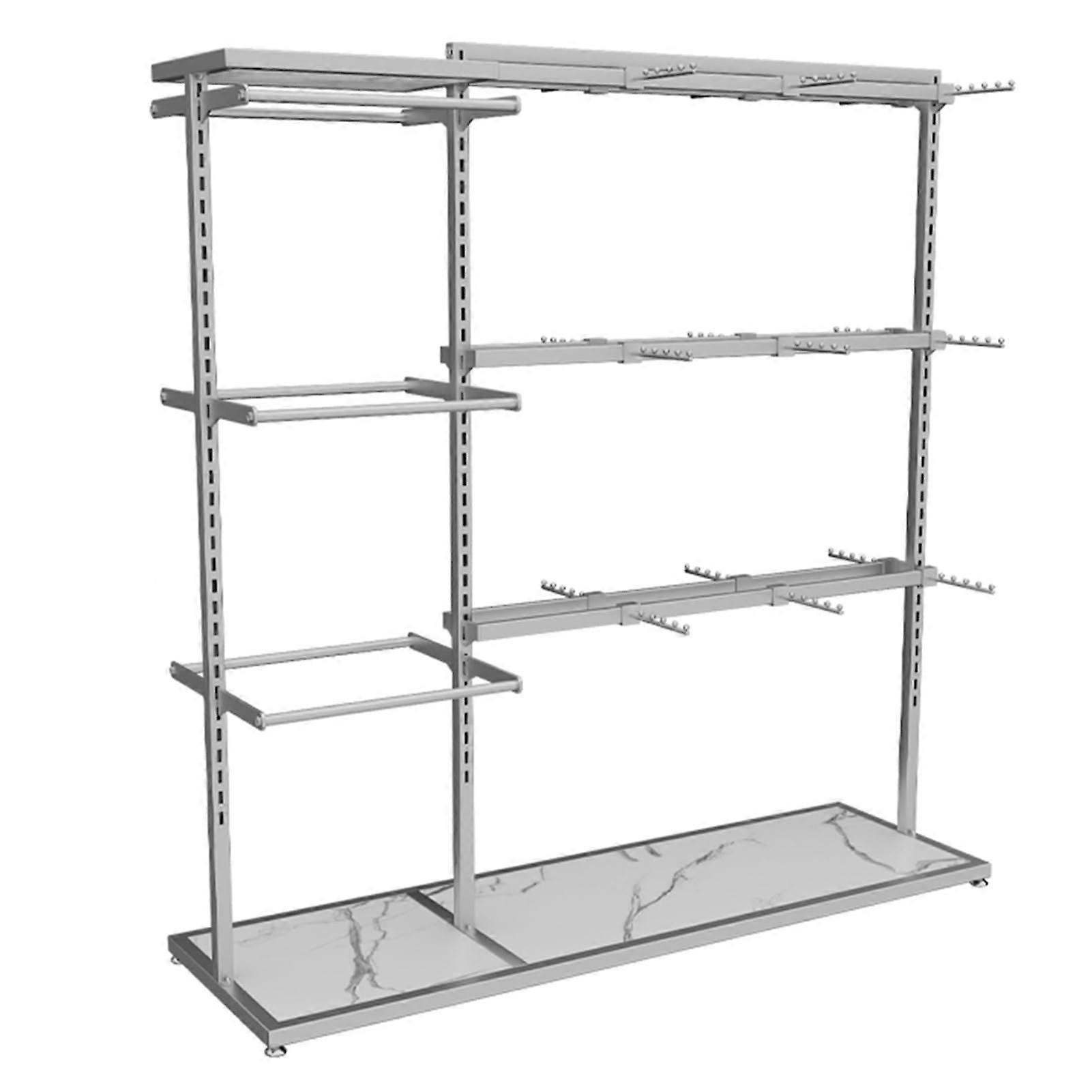 DoubleSided Adjustable Clothing Display Rack with Marble Panels, Floor Standing Garment Shelf Silver