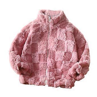 Jentevinterjakke Barn Søt Fleece Rutete Stående Krage Varm Glidelås Langermet Hettejakke Fritidsjakke 2-14 År Rosa 13 År
