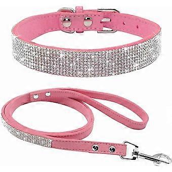 Cute Dazzling Sparkling Elegant Fancy Soft Suede Leather Bling Rhinestone Crystal Jeweled Pet Cat Dog Puppy Collar Dog Leash Combo Set