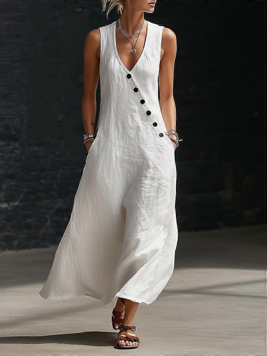 Spring/Summer New Solid Button Short Sleeve Backless Vest Dress