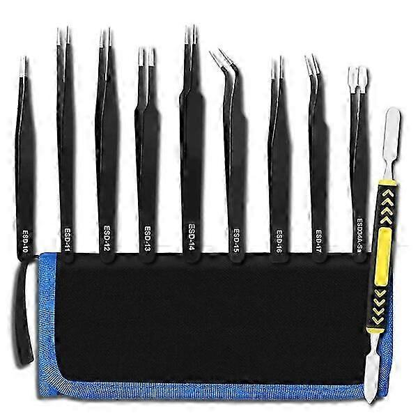 Precision tweezers set, 9 pieces, with different shaped tips suitable for precision work