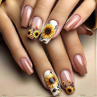 Press on Nails 24 Pcs Sunflower Design Medium Square Coffin Glossy Soft Gel Acrylic ABS 12 Sizes