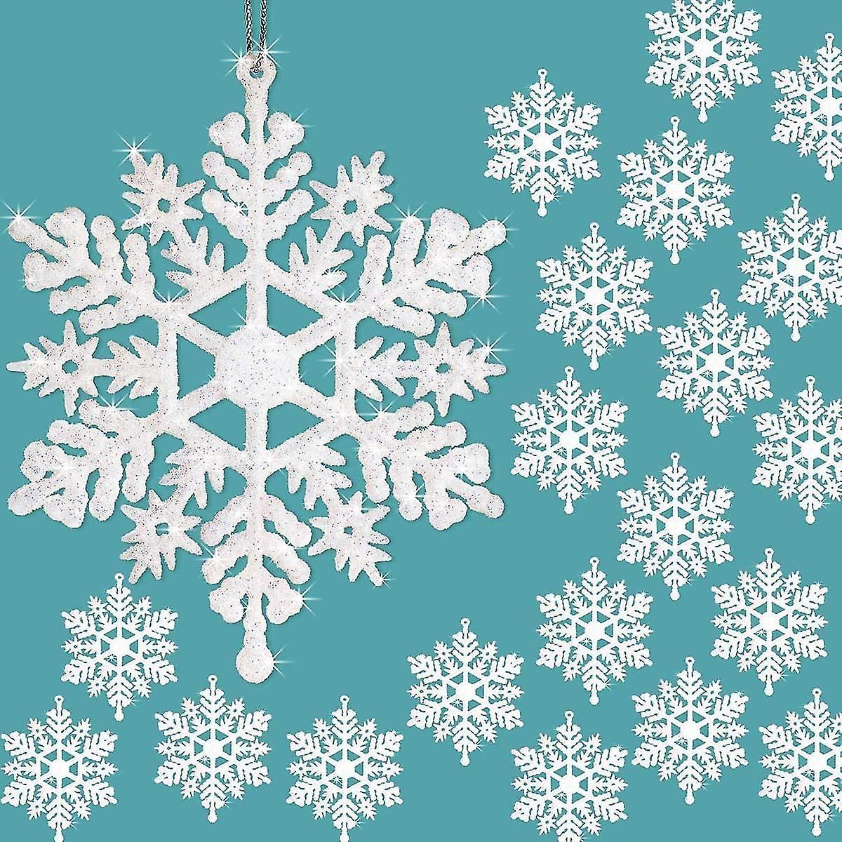 24ピースクリスマスキラキラスノーフレークオーナメントホワイトスノーフレークハンギングオーナメントプラスチックスパークリング