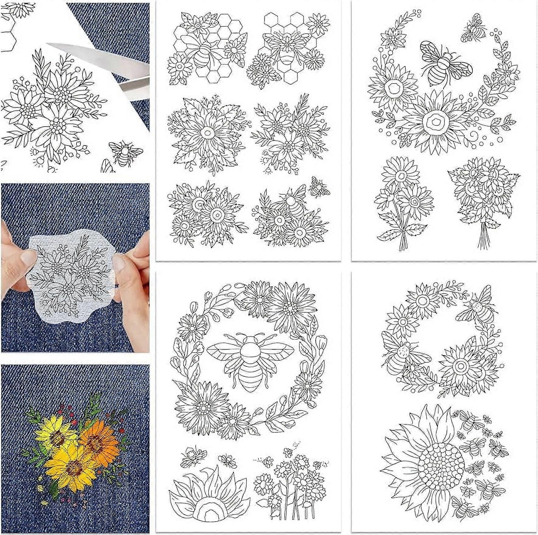 4Sheets 16Pcs Sunflower and Bee Water Soluble Stabilizer Hand Sewing Stabilizers with Pre Printed Stick and Stitch