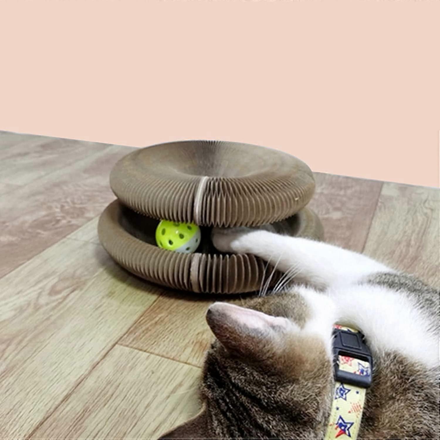 Cat Toy Ball Magic Organ Cat Scratching Board Ball With Bell Round Cat Toy Elastic Cardboard Ball Foldable