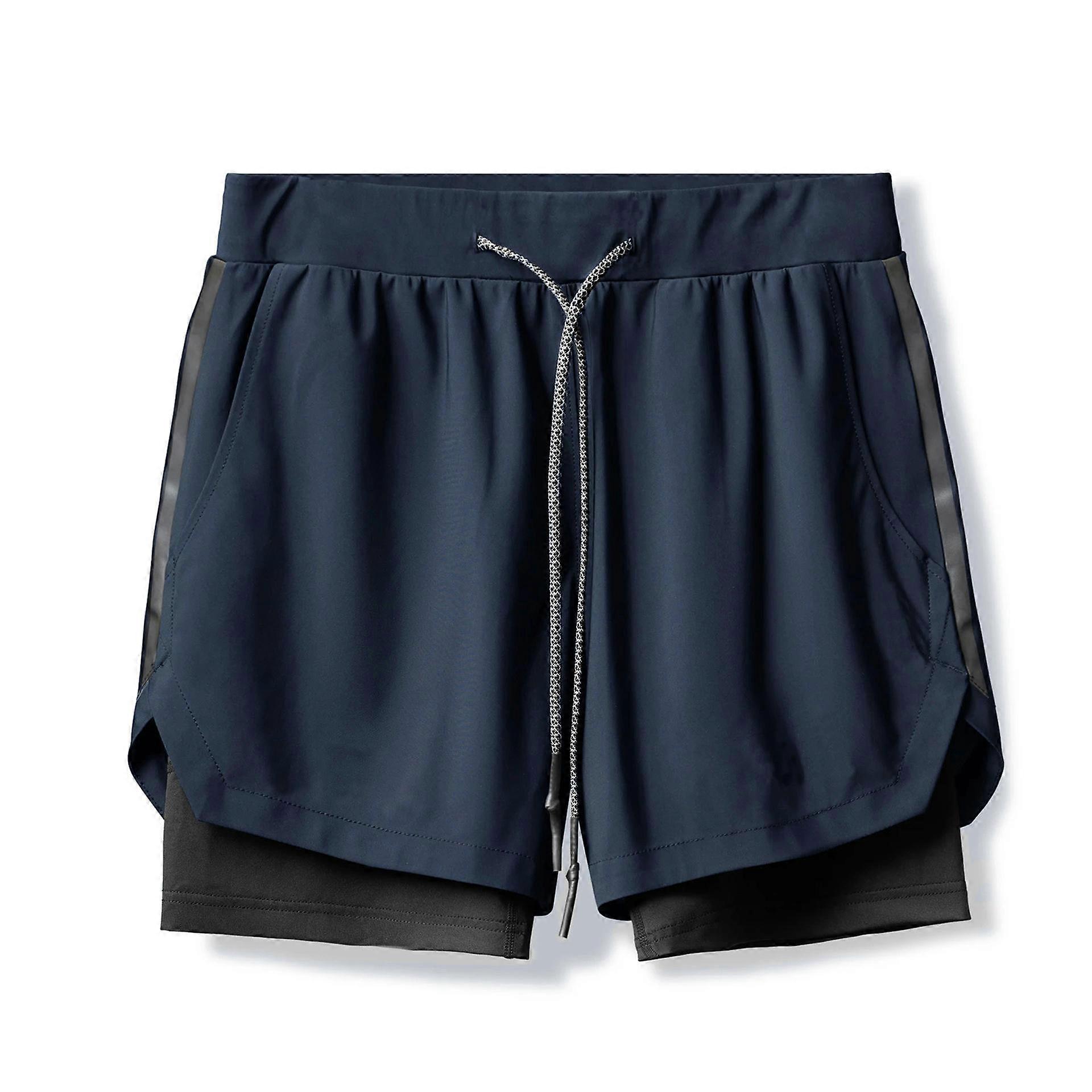 Mens 2 in 1 Running Shorts with Pockets Breathable Quick Dry Active Gym Workout Shorts-navy blue