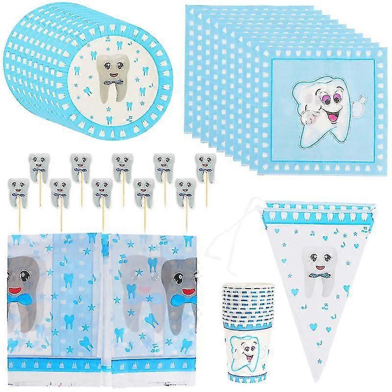 42pcs In 1 Set Blue Tooth Theme Disposable Tableware Fruit Picks Paper Cup Plates Napkins Set Tooth Printing Table Cloth Dinnerware And Pennant Set Ki