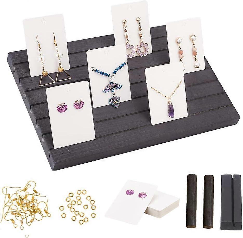 7-Slot Rectangle Wooden Place Earring Display Stands for Postcards Earring Display Cards Holder with Earring Display Cards and Iron Earring Hooks Blac
