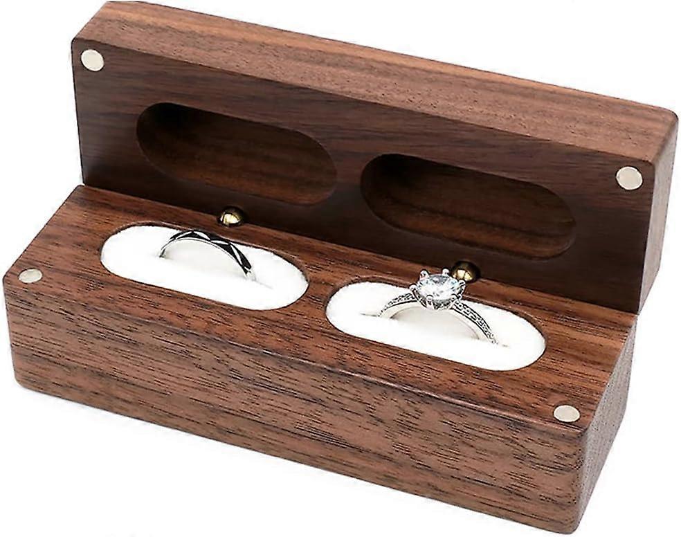 Handcrafted Walnut Wood Ring Box Solid Double Ring Storage Case for Proposal Engagement Wedding