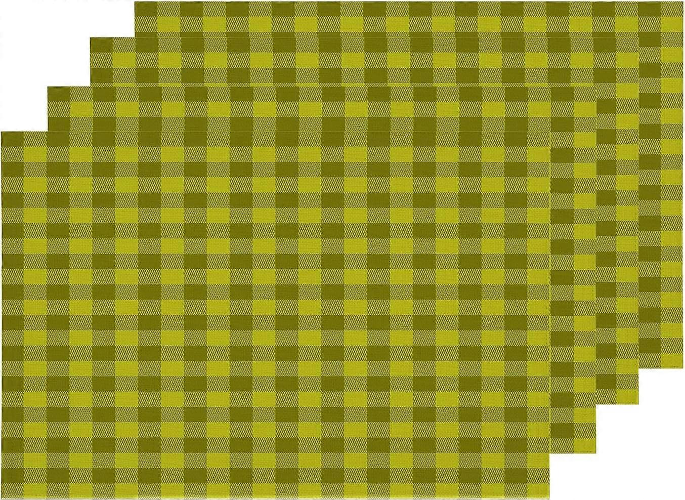 Olive Green Retro Gingham Placemats, Geometric Checkered Table Mat Linen Burlap Washable Double-Deck Heat Insulation for Dining Table Kitchen Table Se