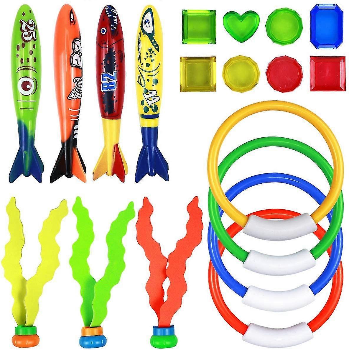 19pcs Kit de jouets de piscine de plongée sous-marine, Bandits torpilles de plongée, Anneaux de plongée