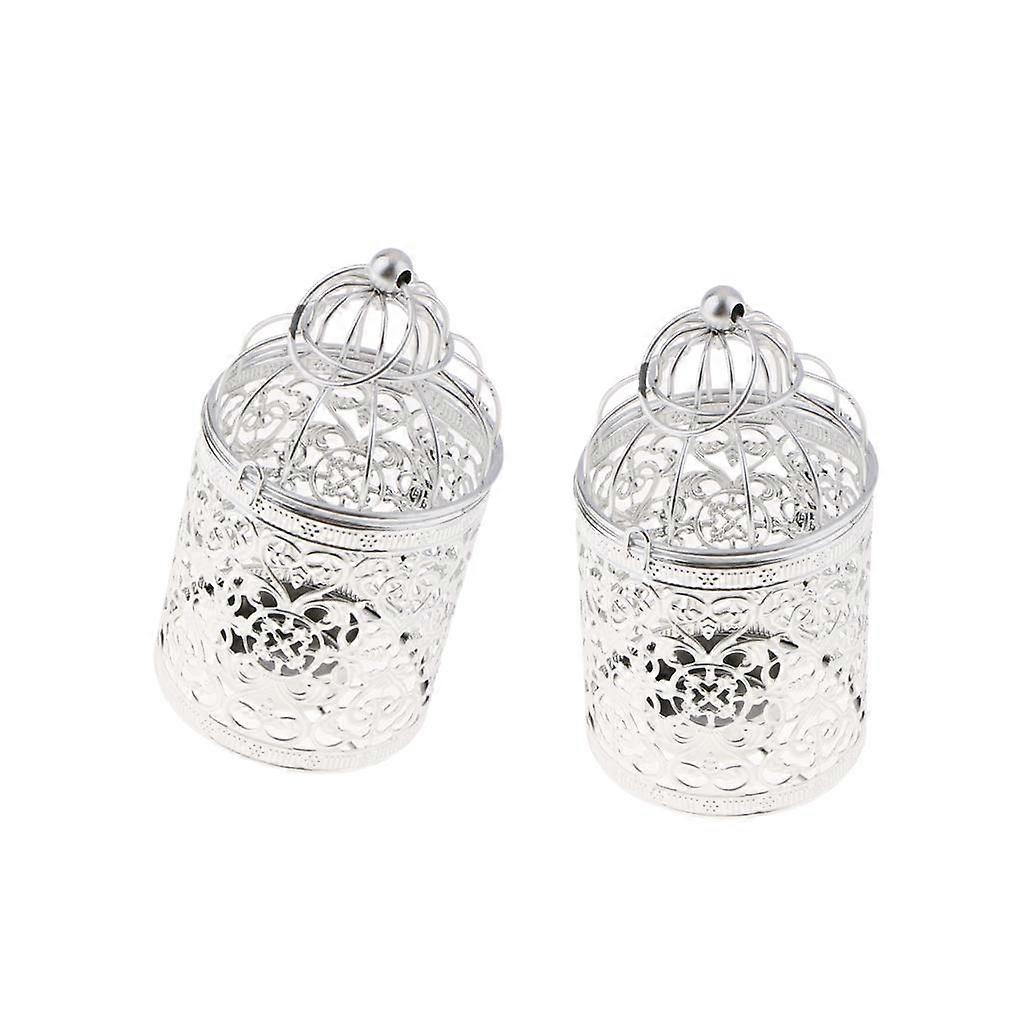 2xElectroplated Metal Birdcage Shape Tea Light Candle Holder Silver