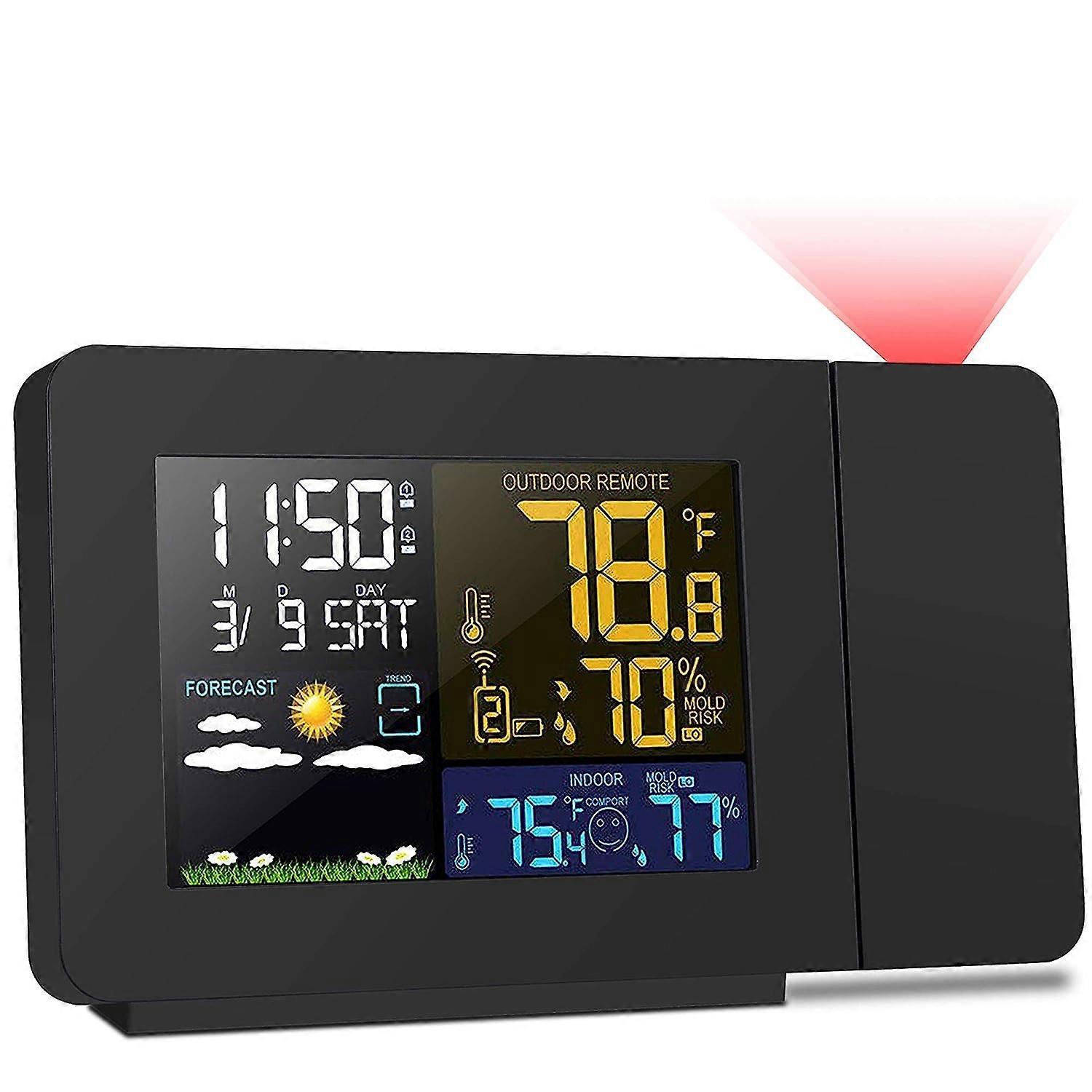 Alarm Clock Projection Ceiling Weather Station Indoor Temperature with External Sensor, Weather Forecast Station Alarm Projector 2-Alarms LCD Calendar
