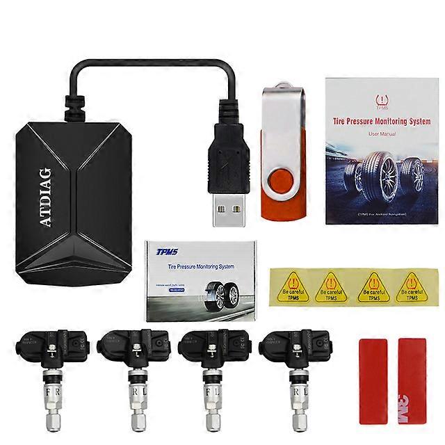 USB Android TPMS Car Tire Pressure Monitor with 4 External Sensors 116 psi Monitoring Alarm System 5V Wireless Transmission TPMS