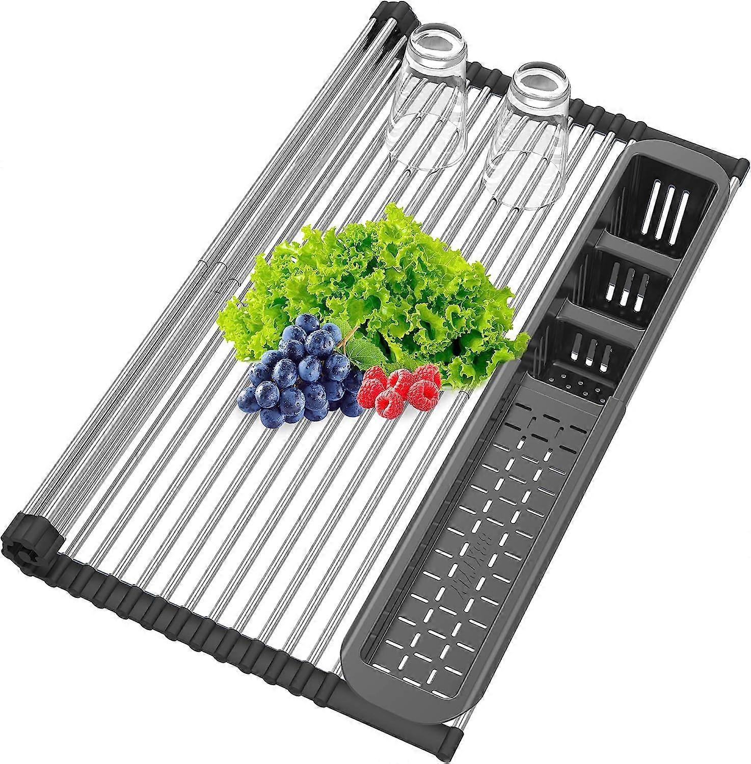 Expandable Roll Up Dish Drying Rack Up to 22.8''with 2 Storage Baskets,Over The Sink Kitchen Rolling up Dish Drainer Dish Drying Rack in Sink, Foldabl