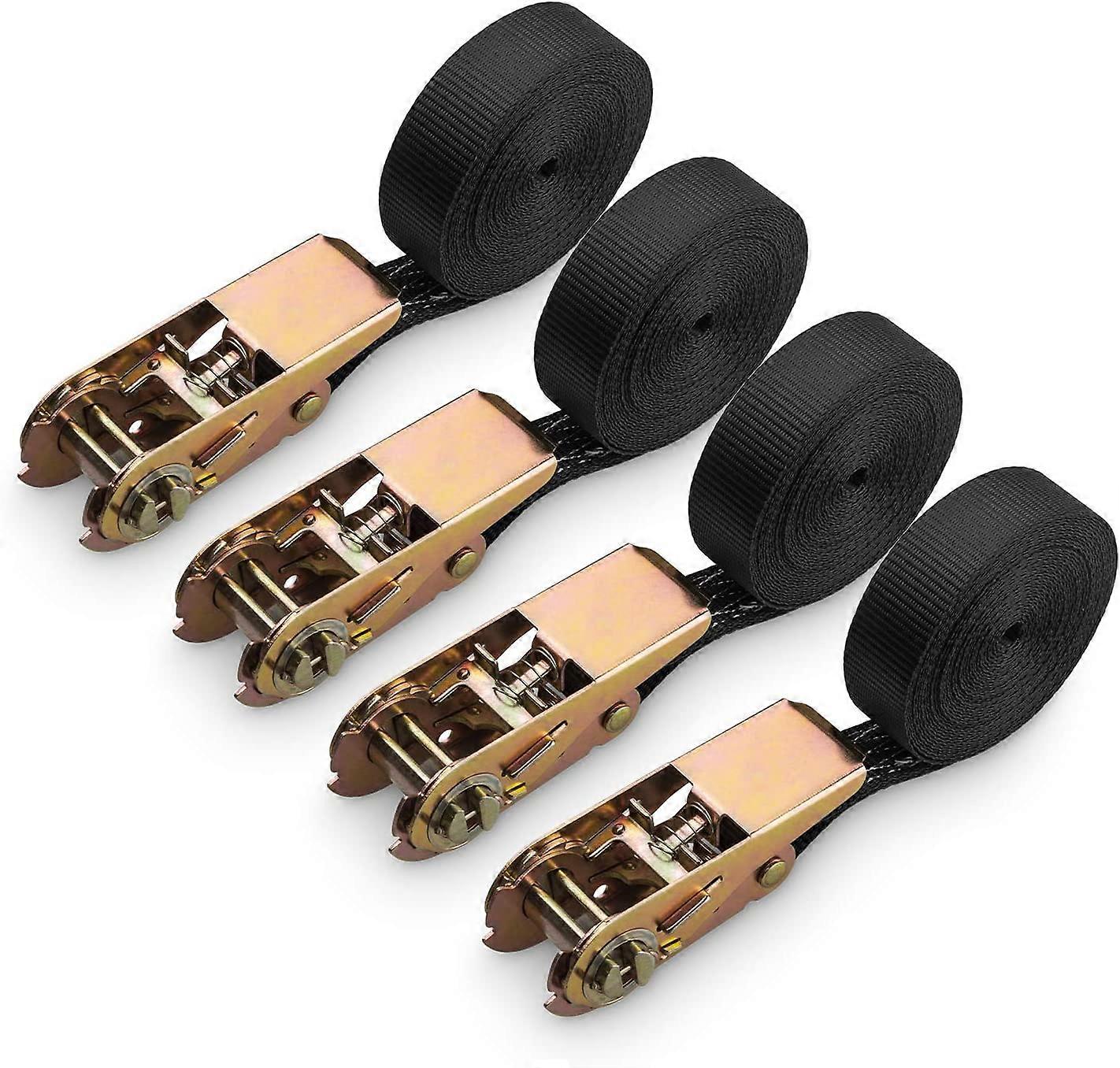 4Pcs Ratchet Straps, Polyester Ratchet Strap,6M x 25MM - Black