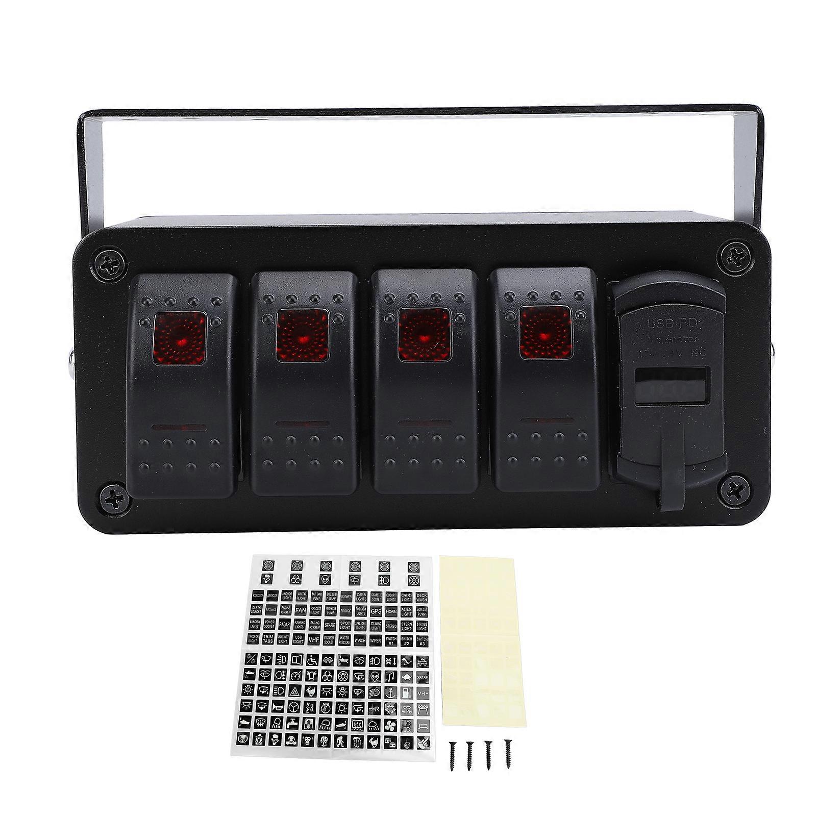4-Gang-Wippschalterfeld mit PD Typ C QC3.0 USB-Ladegerät Wasserdicht Universelle Passform für Auto LKW Boot RV UTV ATV Rotes Licht