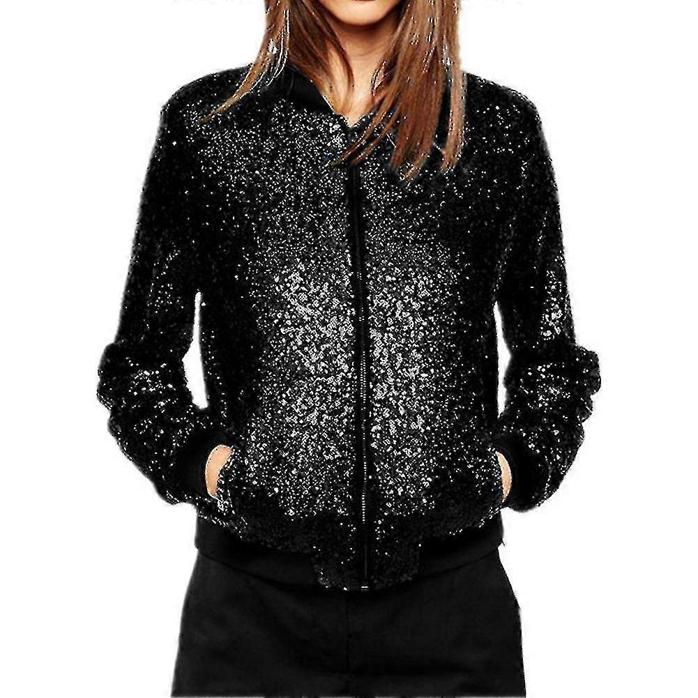 Jachetă casual casual pentru femei cu paiete Slim Fermoar fără guler-yvan