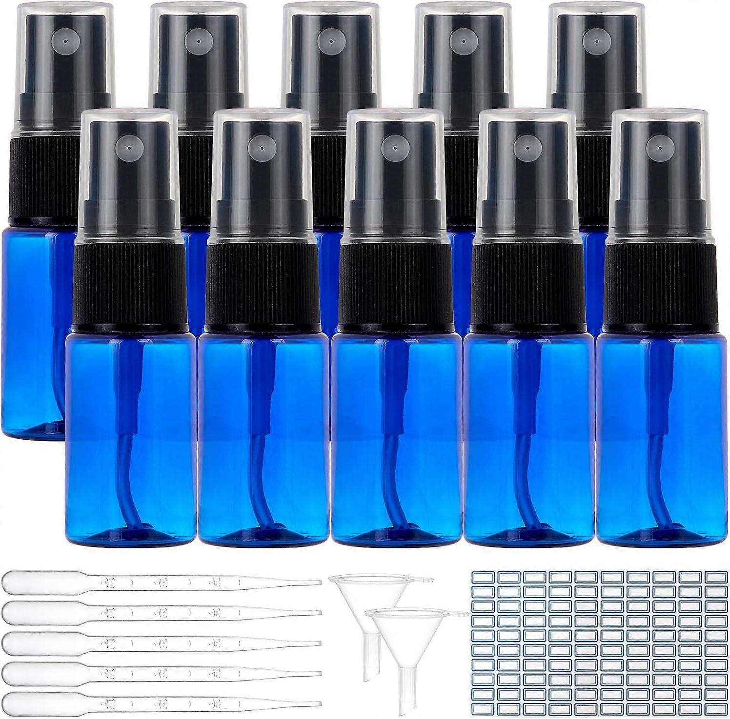 24 Pack 10ml Mini Blue Plastic Spray Bottle Fine Mist Spray Bottle with Funnel Hopper Dropper and Label Paster for Essential Oil Perfume and Lotion Li