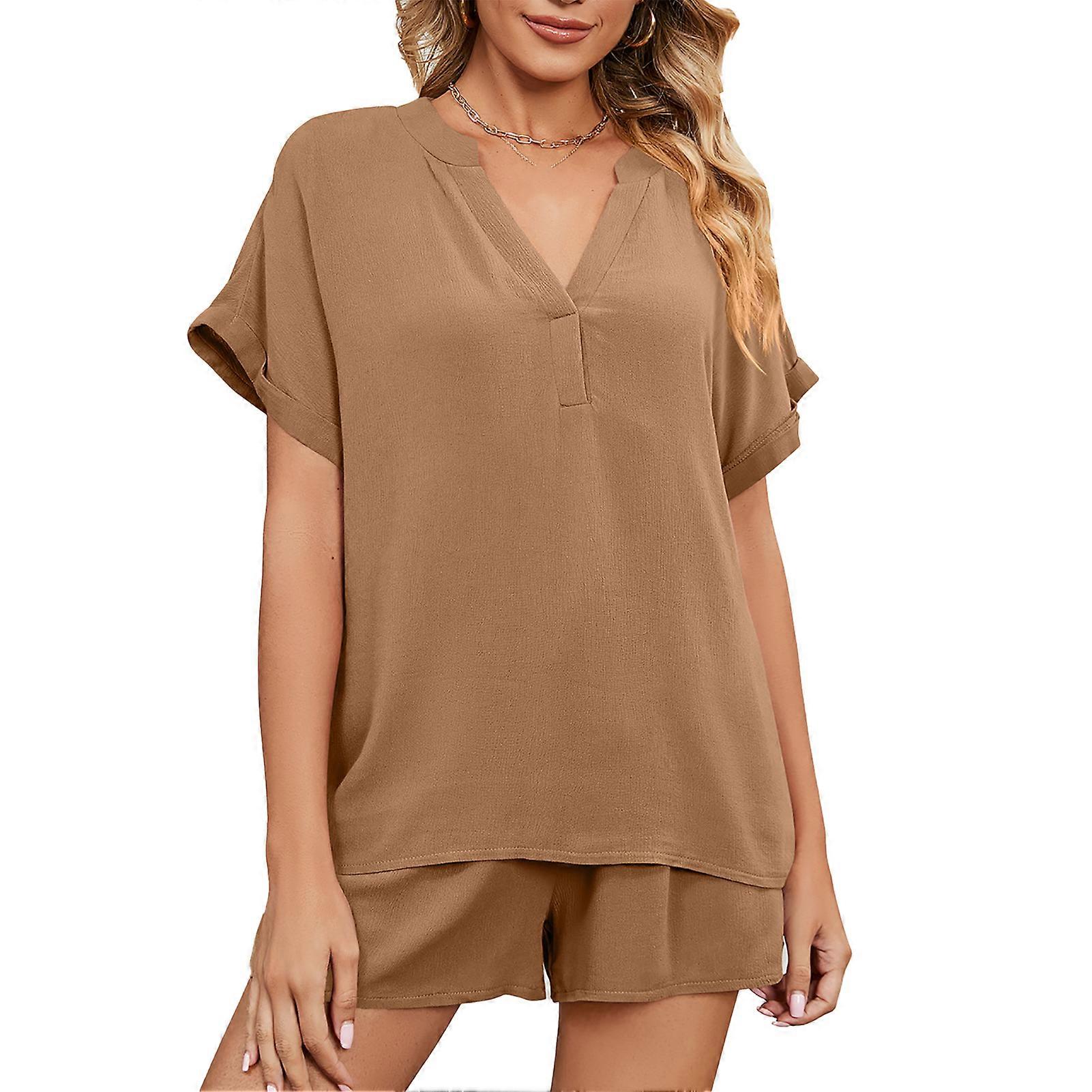 V الرقبة قصيرة صالة مجموعة جيب صلبة المألوف عارضة الرباط الخصر صالة كيت للنساء المنزل كاكي XL