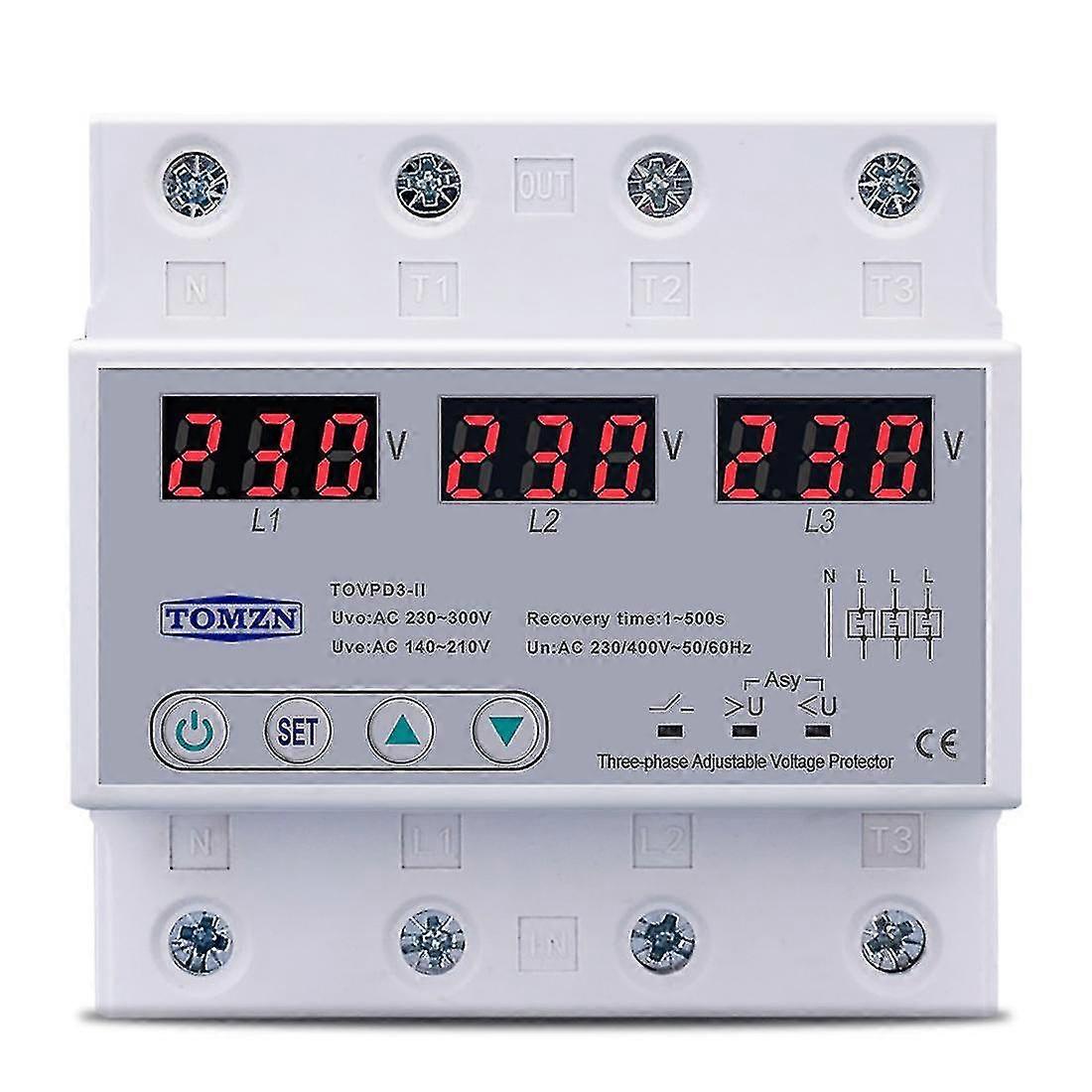 Three Phase Adjustable Over And Under Voltage Protector Automatic Protective Device Reset 63a 380v