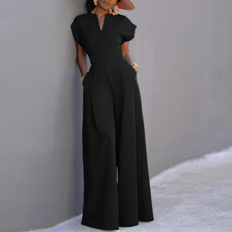 ZANZEA Femmes Élégant Longue Combinaison Large Jambe Casual Pantalon À Manches Courtes