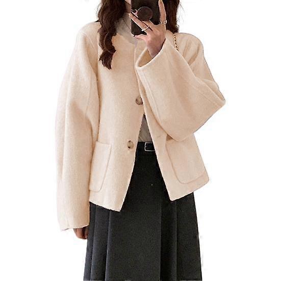 Fall Winter Women Jacket Crew Neck Single-breasted with Side Pockets Loose Short Type