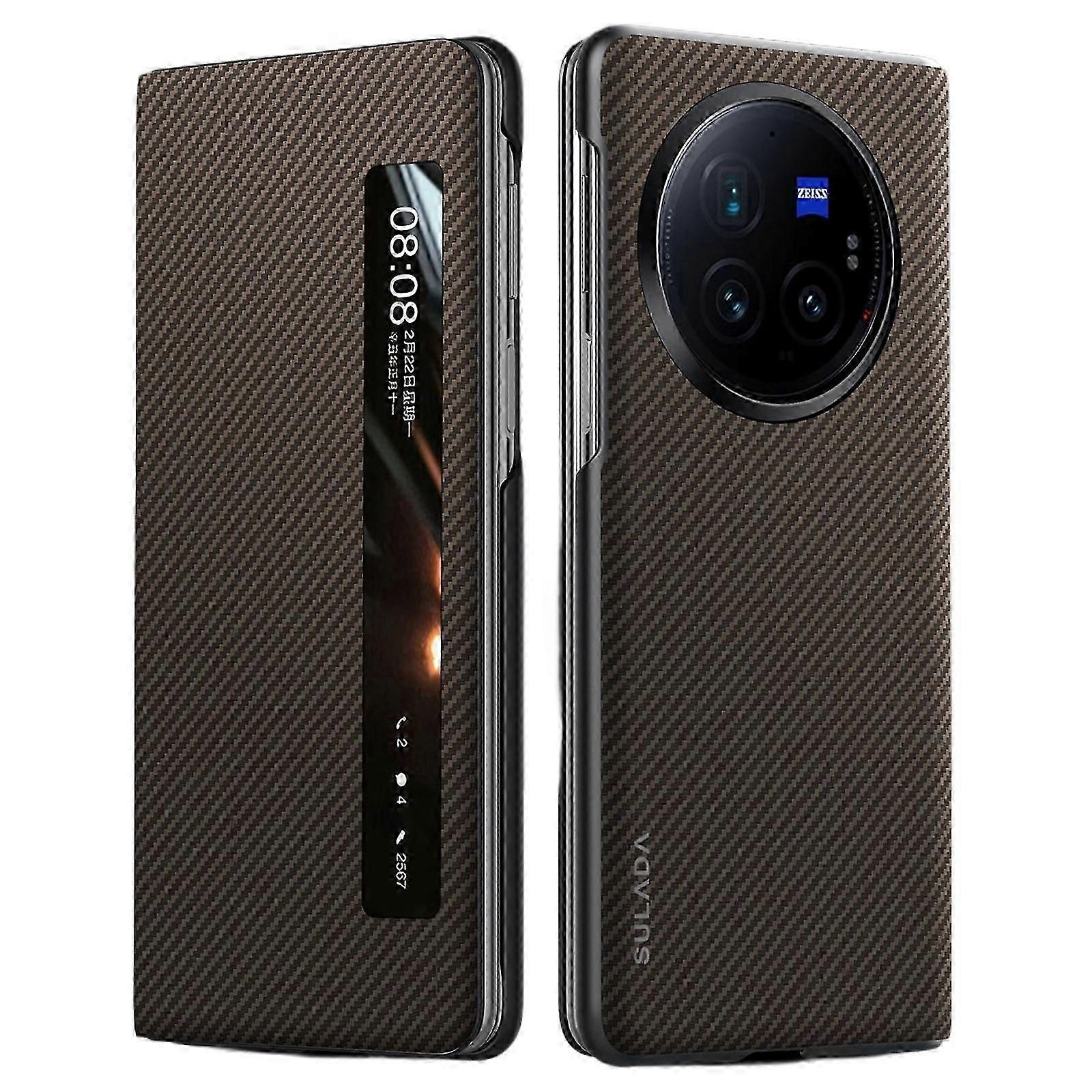 For X Fold3 Pro Case View Window Leather+pc Back Cover With Wake/ Sleep Function  Brown