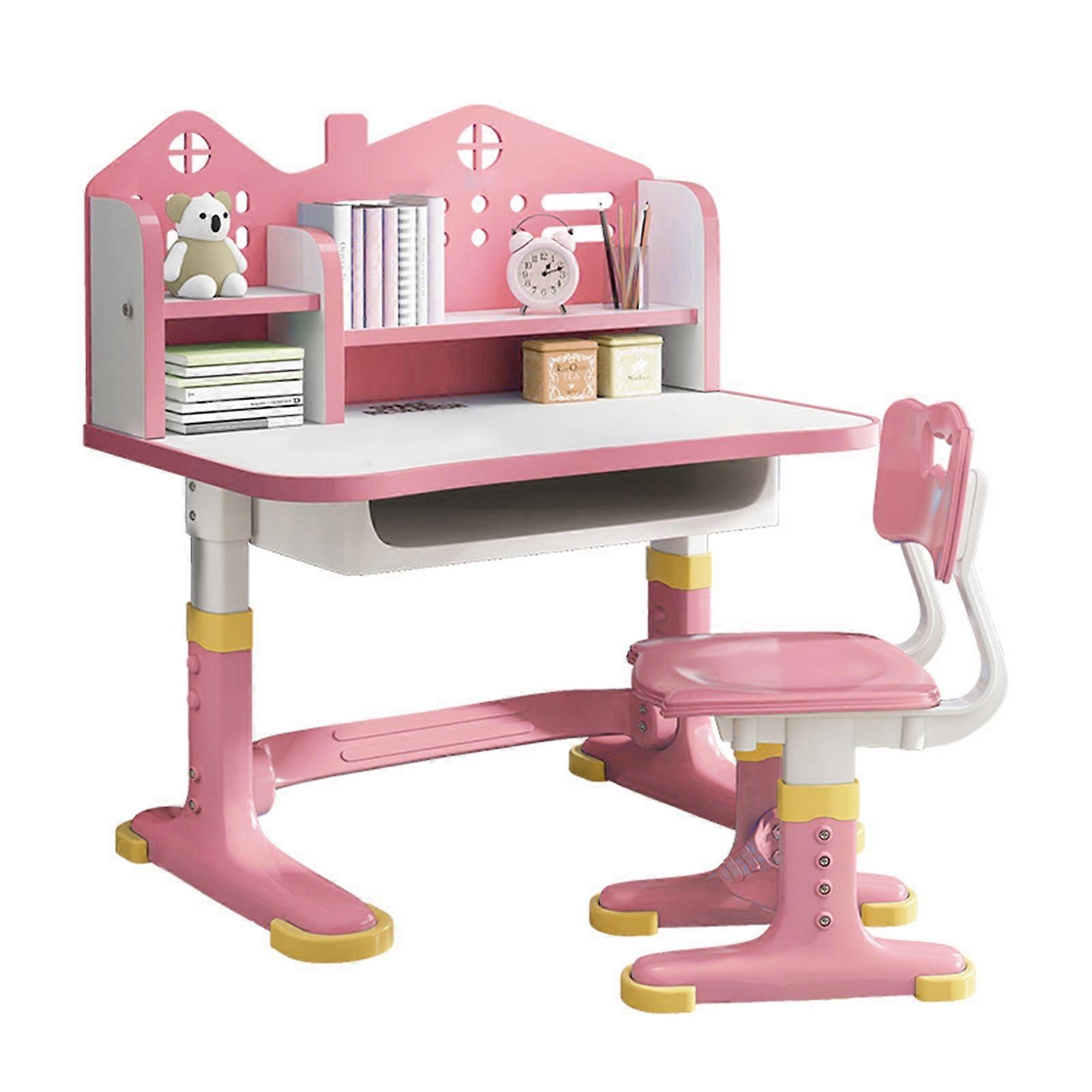Kids Desk Chair Set, Height Adjustable Study Desk with Castle Backboard, Storage Drawer & Bookstand