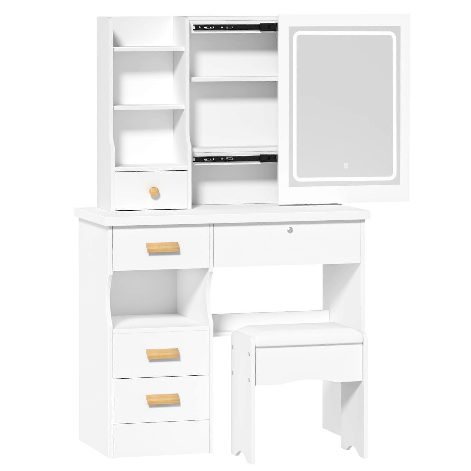Dressing Table with Adjustable 3-Color Sliding Lighted Mirror, 5-Drawer Vanity Desk Set with Cushioned Stool