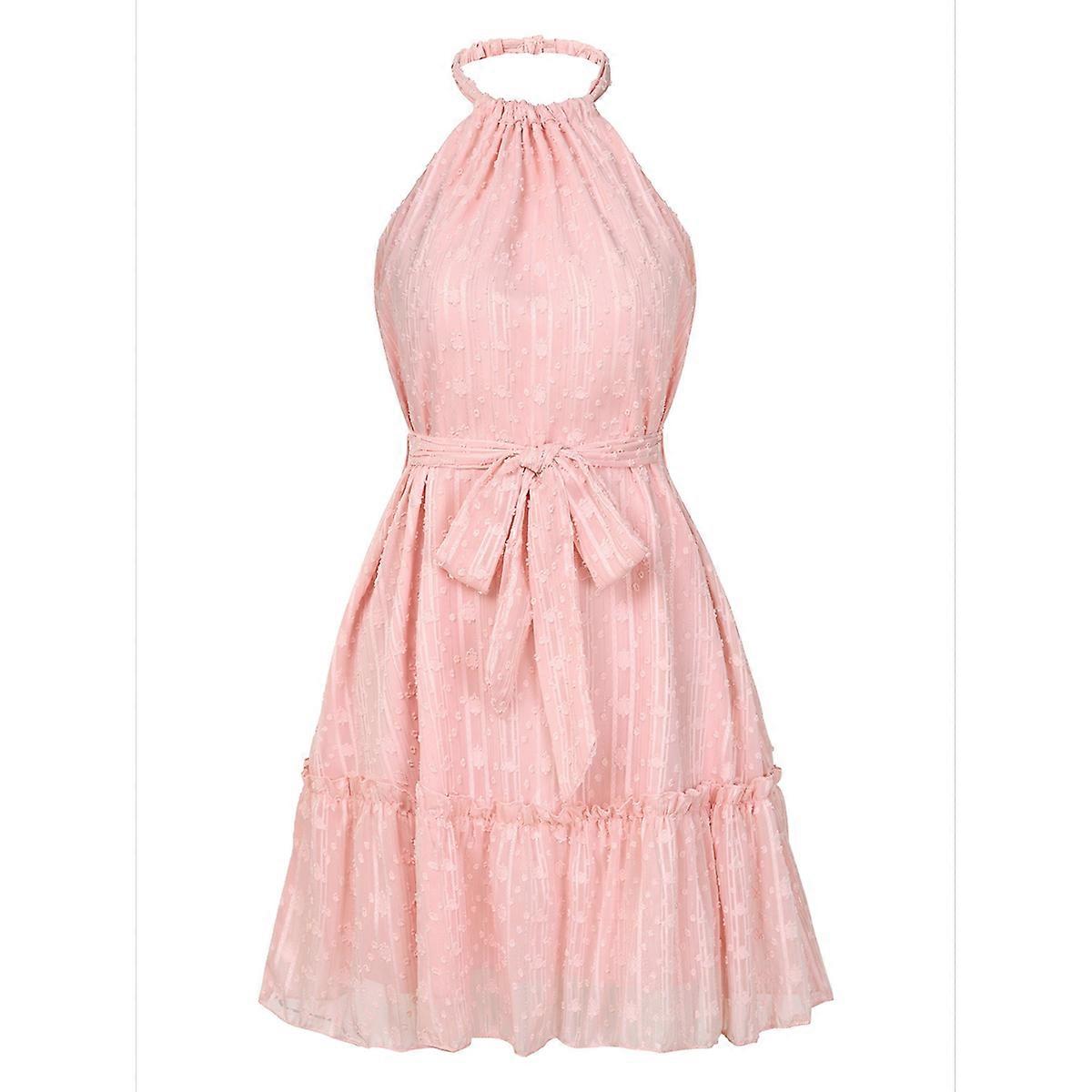 Robe sans manches dos nu à volants rose L