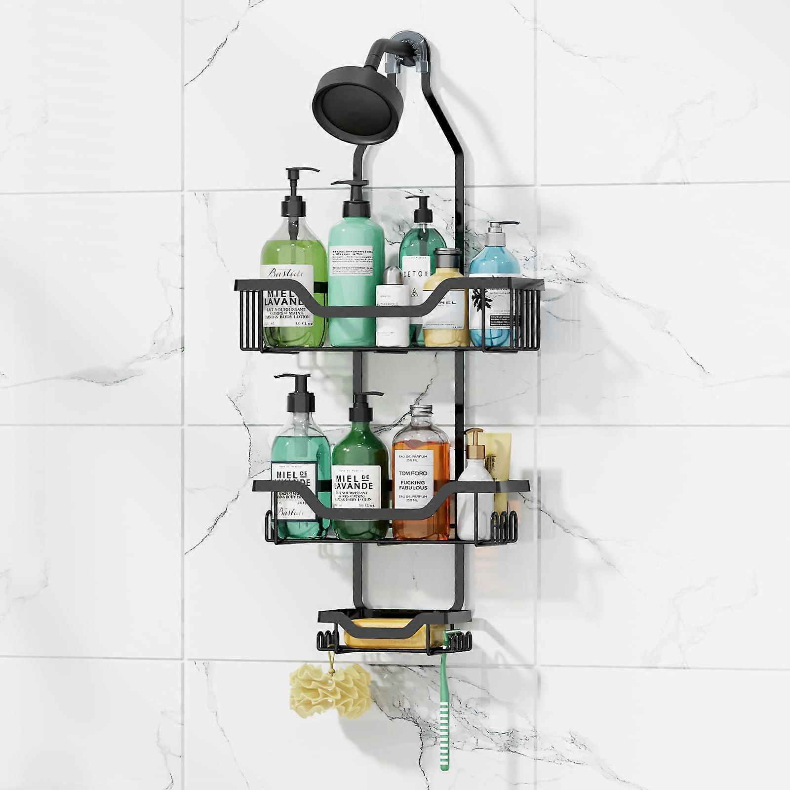 Shower Caddy Hanging Over the Shower Head, Rustproof Bathroom Organizer with 12 Hooks for Sponge, Anti-Swing Design