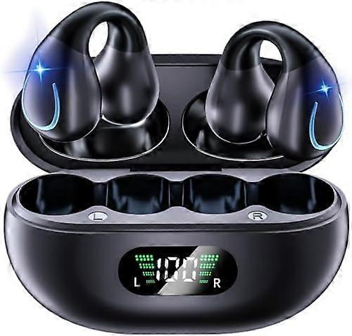 Open Ear Clip Wireless Bone Conduction Earbuds with Earhooks, Bluetooth 5.3, Built-in Microphone, Black Color