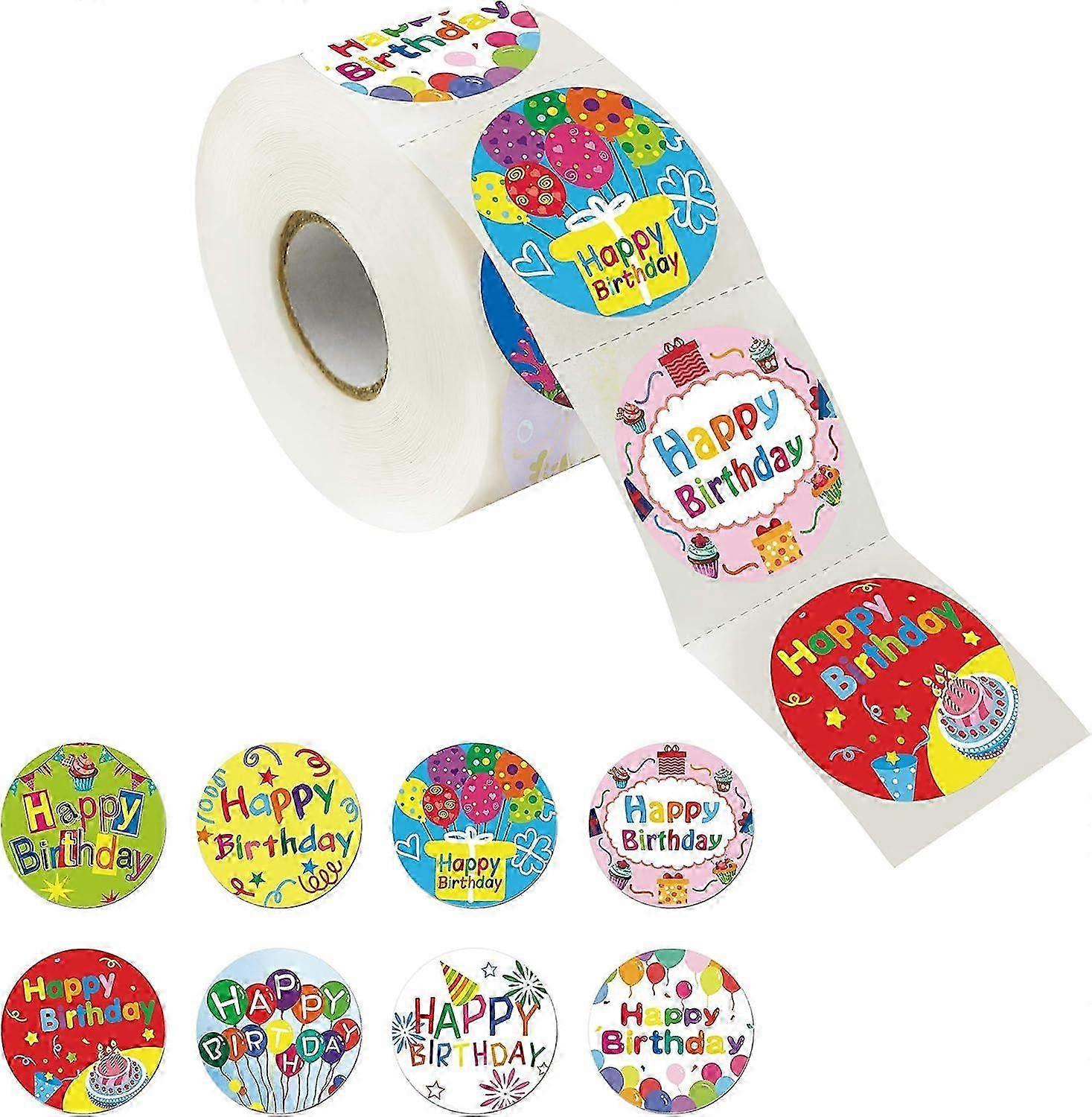 Extended Version of 500 Adorable Round Happy Birthday Stickers 3.8cm Diameter 8 Unique Designs with Perforated Line