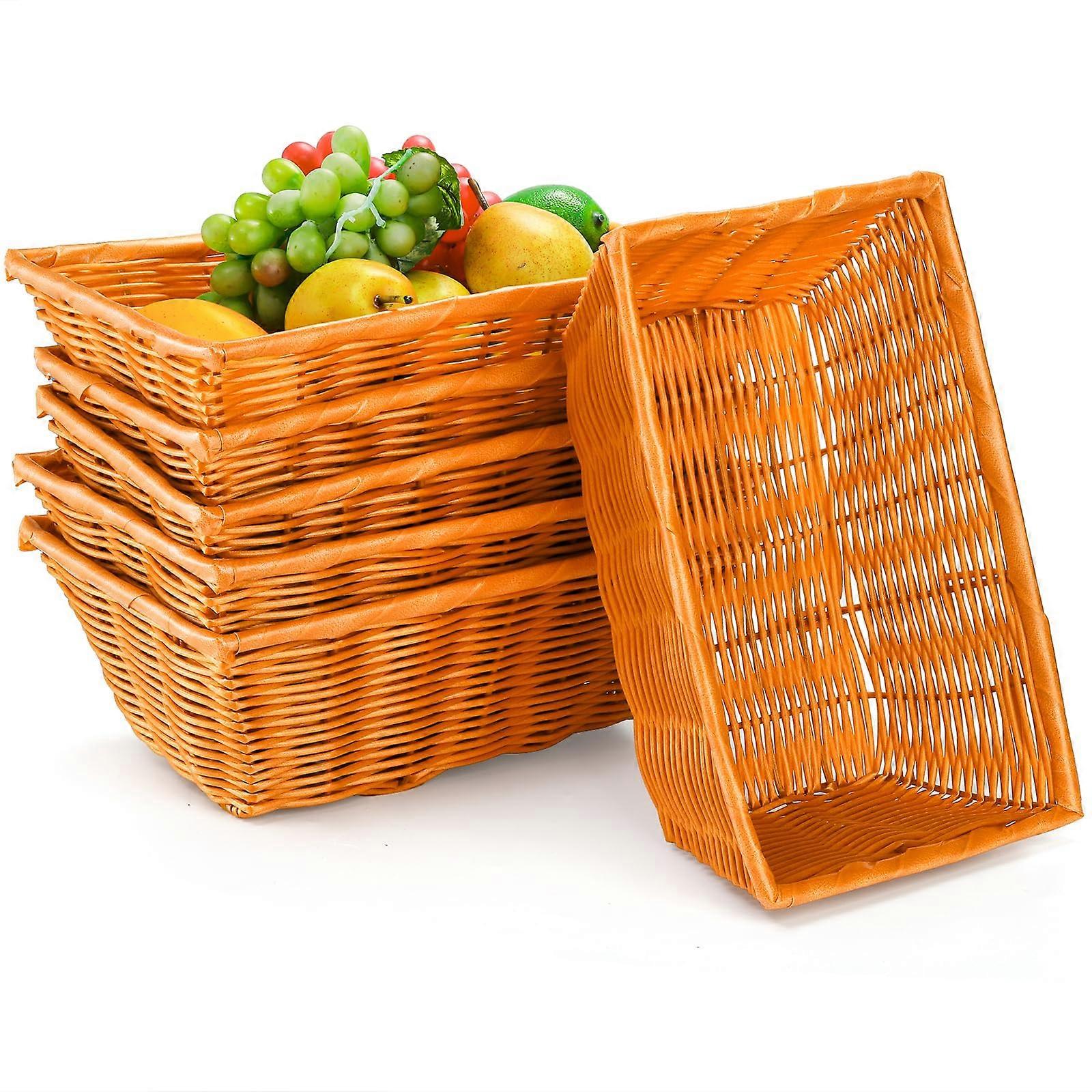 6 Pack Plastic Woven Bread Basket, 12 Inch Imitation Rattan Fruit Basket Stackable