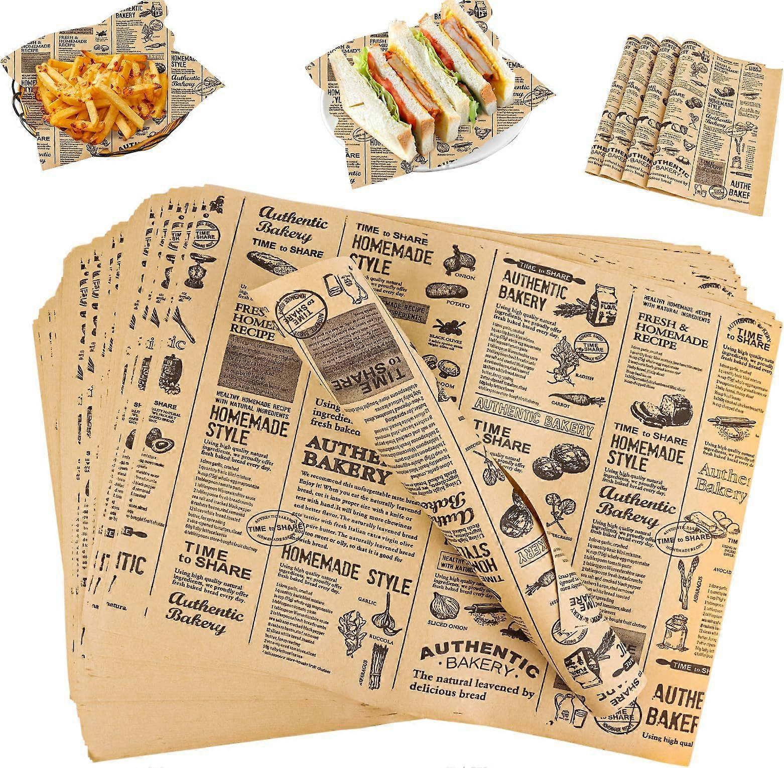 100 Sheets Food Wrapping Paper, French Fries Wrapping Paper, Food Newspaper, Greaseproof Paper, for Camping Fries Burger Pizza Sandwich Bread, Hamburg