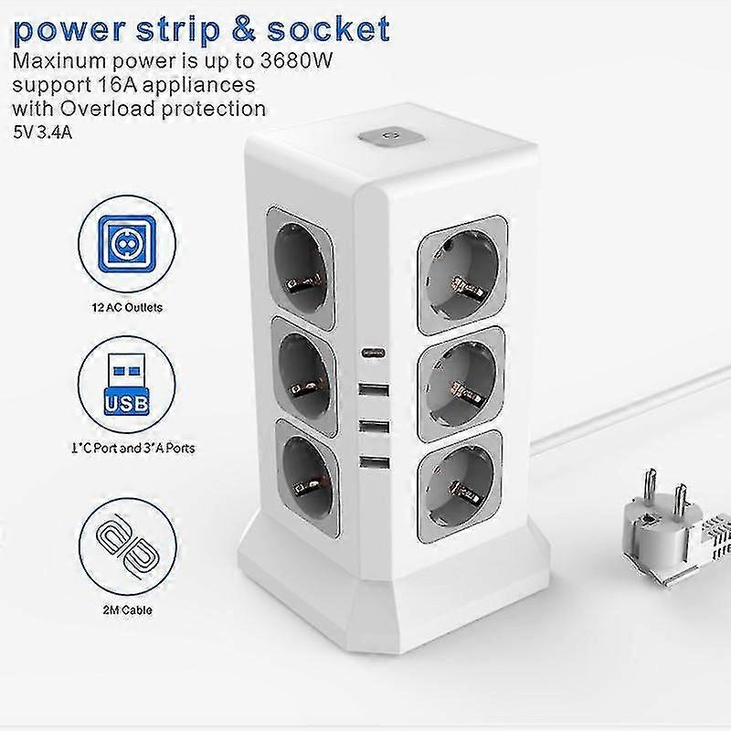 European Standard Tower Type Vertical Socket 3-layer 12-bit High-power Switch Usb-c Plug Overload Pr