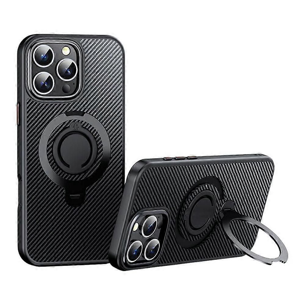For iPhone 16 Pro Max Case Compatible with MagSafe Kickstand Carbon Fiber Texture PC + TPU Back Cover with Silicone Ring