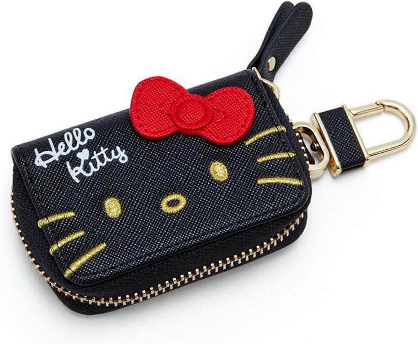 PU Leather Car Key Holder Ring Box,Metal Hook Zipper Embroidered Bag,Wristlet Keychain Key Case,for Women and Men. (Black)