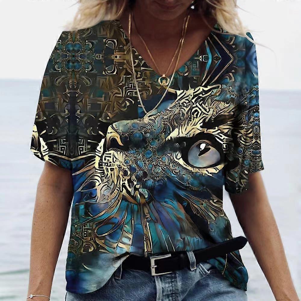Summer Women's 3D Printed Flower T-shirt V-Neck Short Sleeve Tees Casual Plus Size Tops
