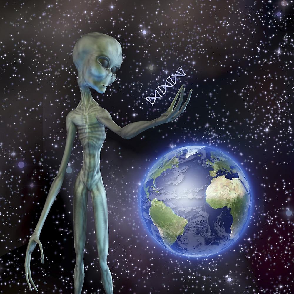 Alien looks at DNA strand Poster
